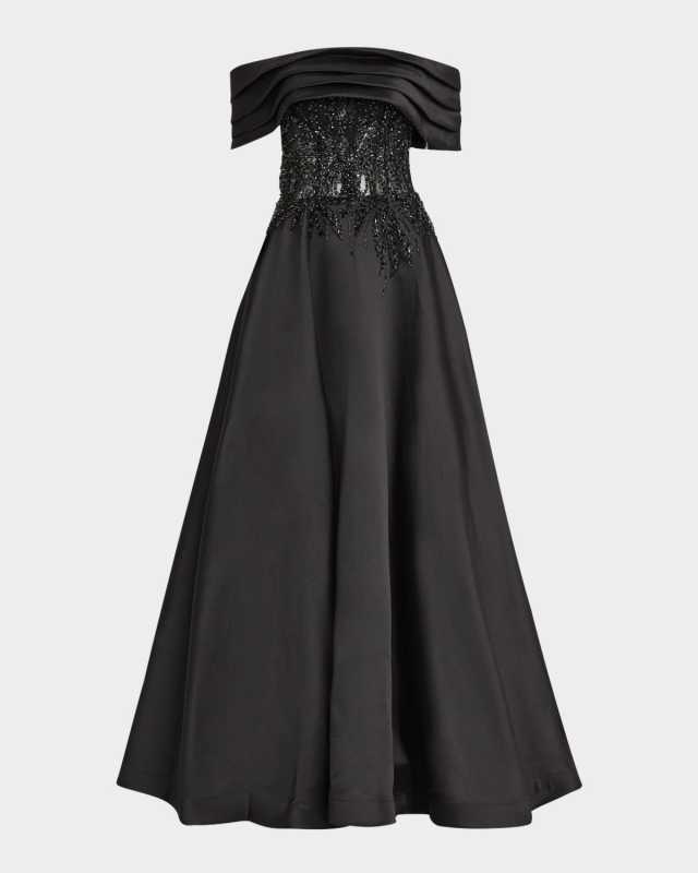 Pleated Off-Shoulder Lace-Embellished Gown